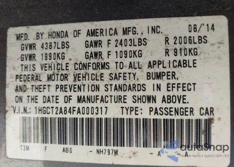 2015 Honda Accord Ex-L V-6 из США, поврежденный, VIN 1HGCT2A84FA000317